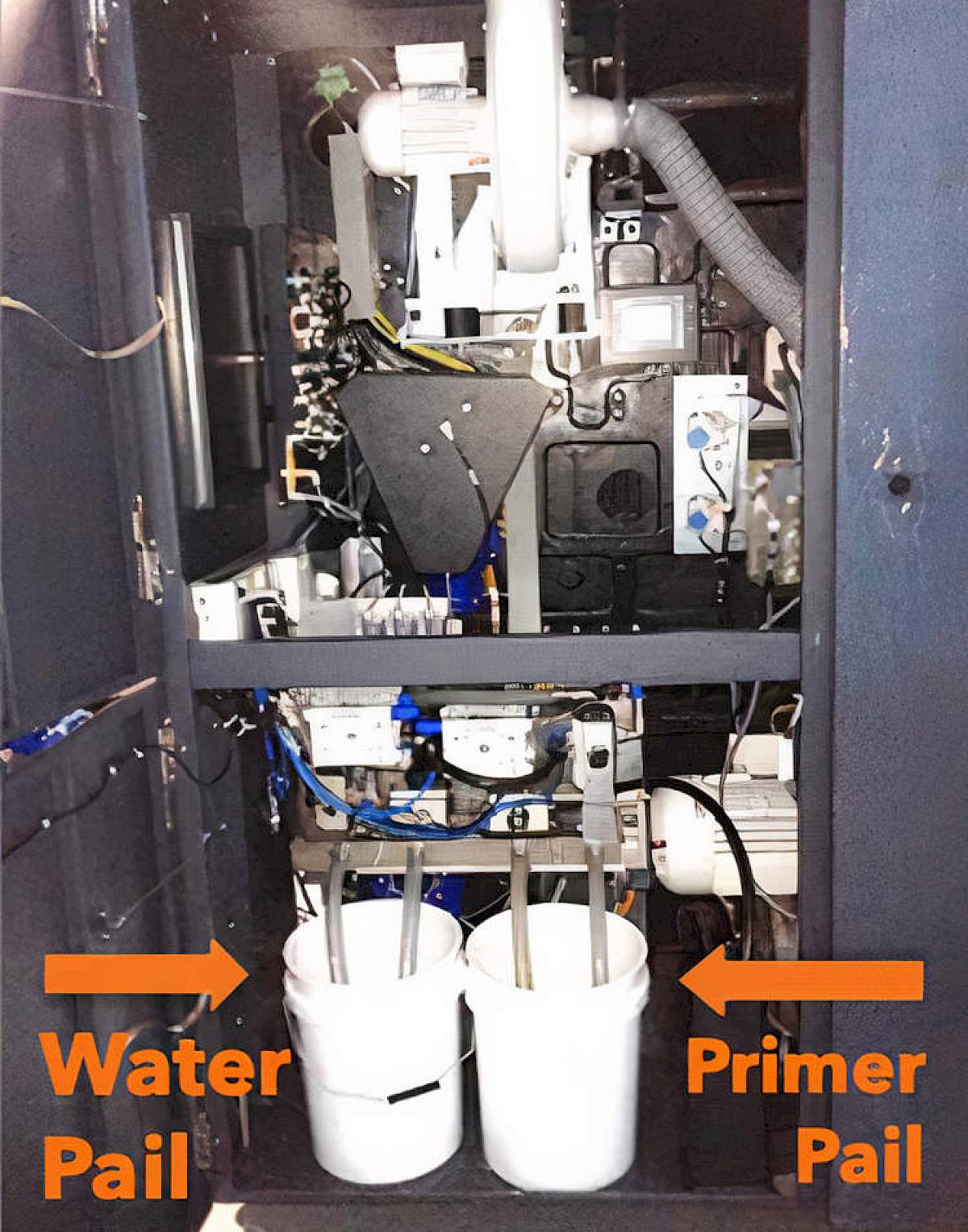 Illustrating the water and primer pail set up.